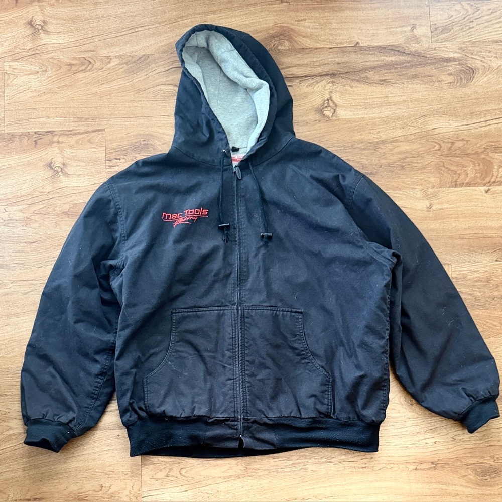 Vintage Mac Tools Racing Jacket Mens 2XL Black Full Zip Hooded Mechanic Canvas